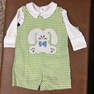 Green Gingham Baby Romper with Bunny Design and Peter Pan Onsie